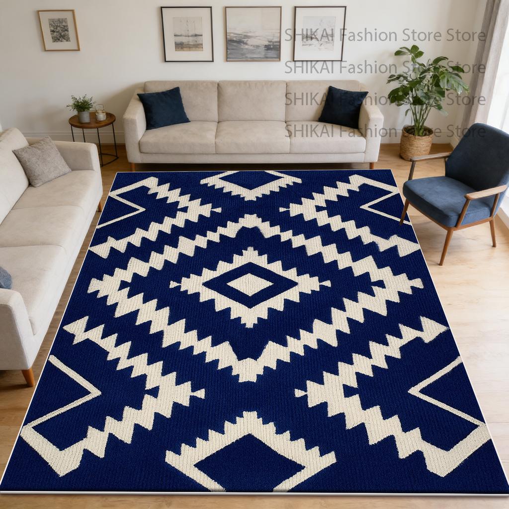 Blue Modern Geometric Style Big Living Room Rug Decoration Laundry Room Antiskid Fluffy Carpet Easy Clean Short Velvet Floor Mat