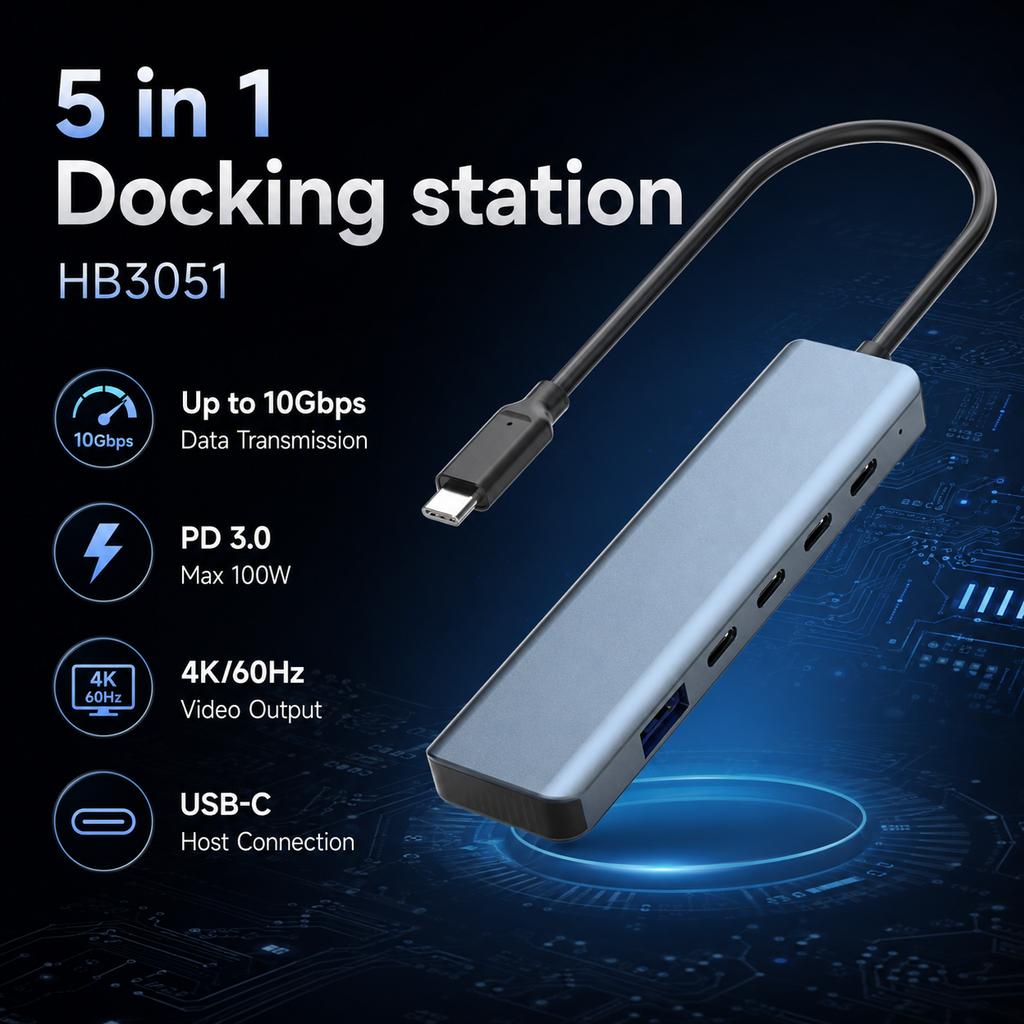 5 in 1 USB C Hub 10Gbps Full Featured Type C 4K 60Hz Video 100W PD USB 3.2 Gen2 Multiport Docking Station Adapter for Laptop