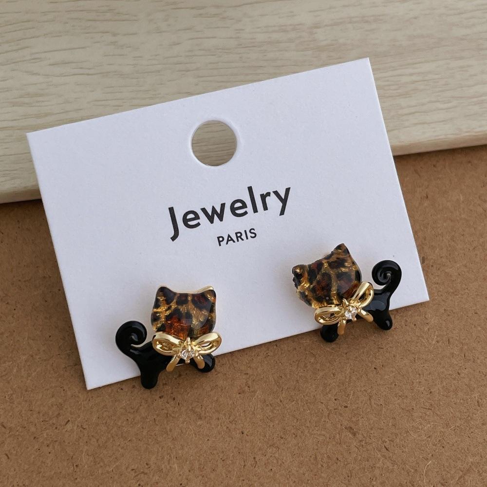 

Lovely Leopard Resin Cartoon Kitty CZ Zircon Bowknot Drop Earrings For Women Girls Real Gold Plated Copper Daily Jewelry