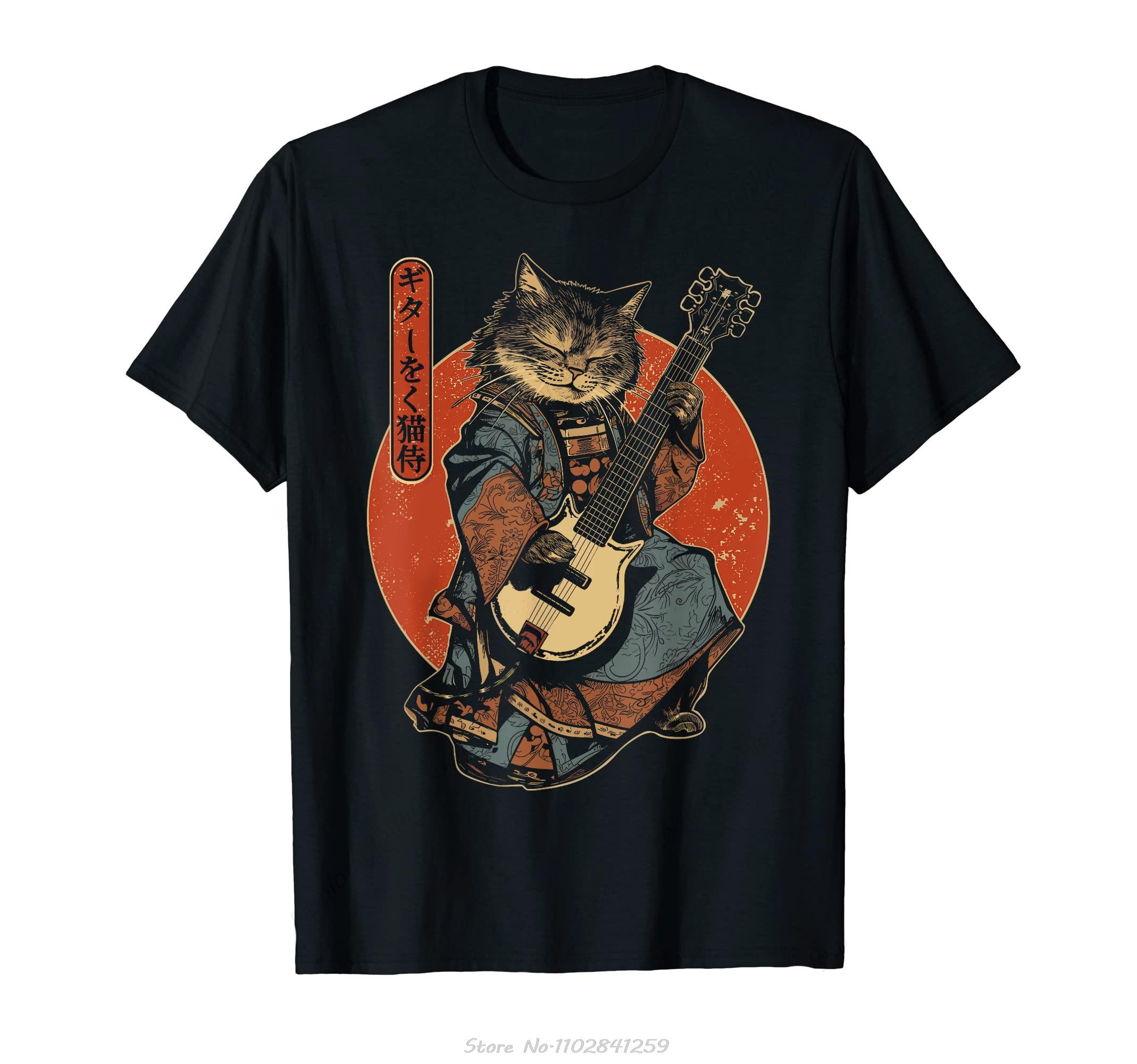 Japanese Samurai Cat Playing The Electric Guitar Tshirt Summer Fitness Tshirt Men Clothing Oneck T Shirt Cotton Streetwear S
