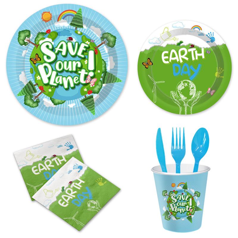 Environmental Earth Day Theme Party Tableware Set Disposable Paper Plate Paper Cup Paper Towel Tablecloth Flag Arrangement Supplies