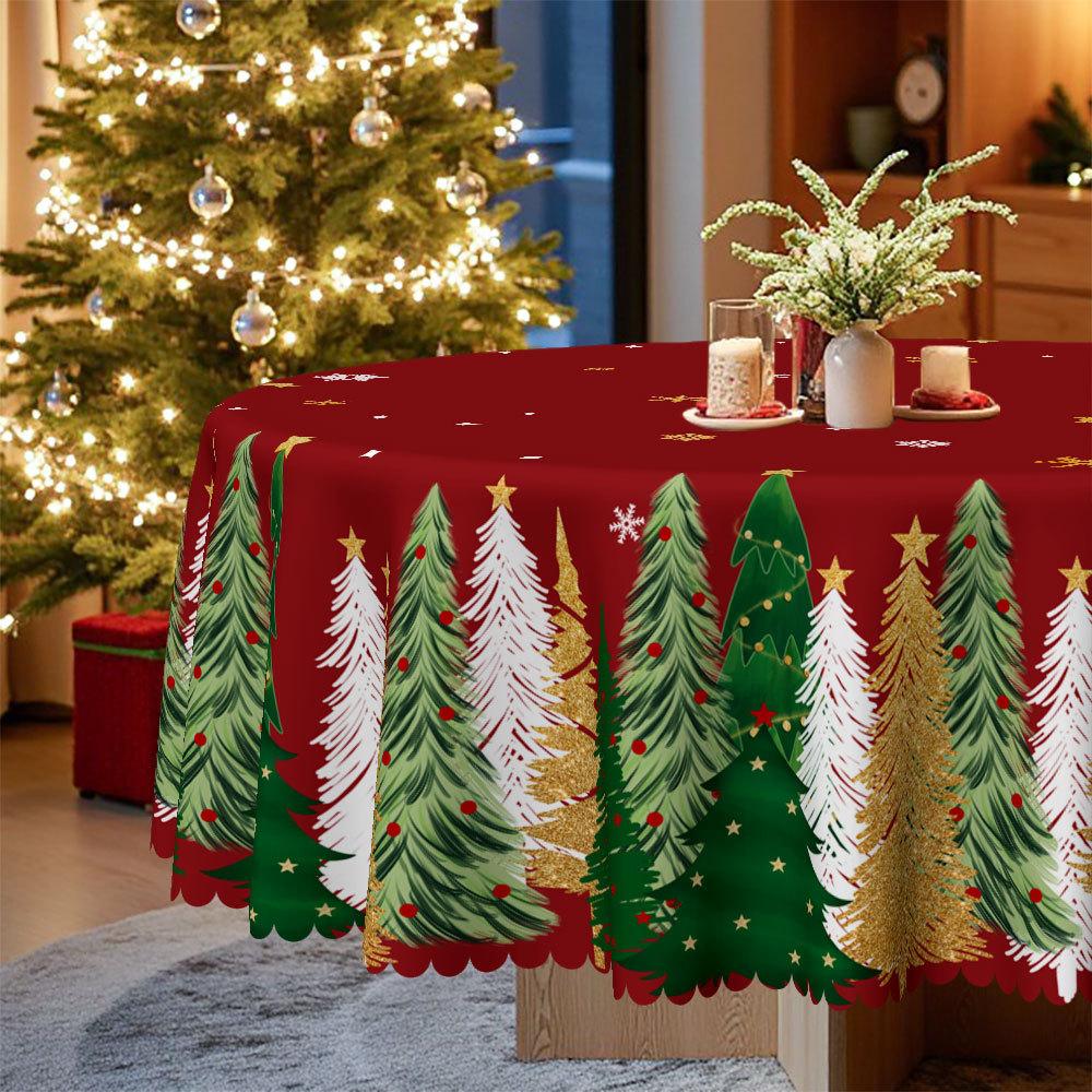 Christmas Red Round Table Cloth, Christmas Tree Snowflake Print, Waterproof And Oil-Proof Round Table Cloth, Dinner Party Table Cloth