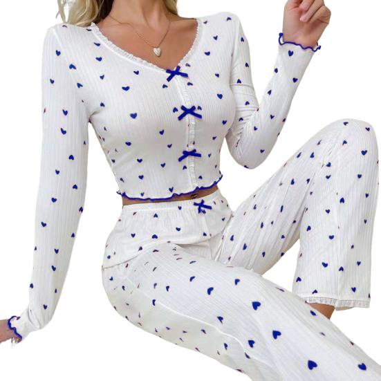 Yousheng Women Lace Trim Pajama Set Long Sleeve V-Neck Front Button Tops Full-Length Pants Sleepwear Nightwear