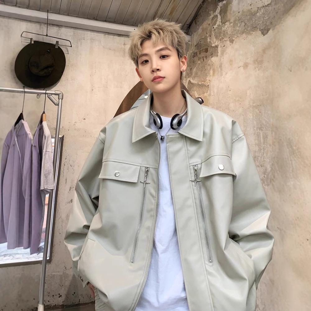 Leather jacket men's spring and autumn high-end sense ruffian handsome fried street loose casual American high street locomotive pu leather jacket