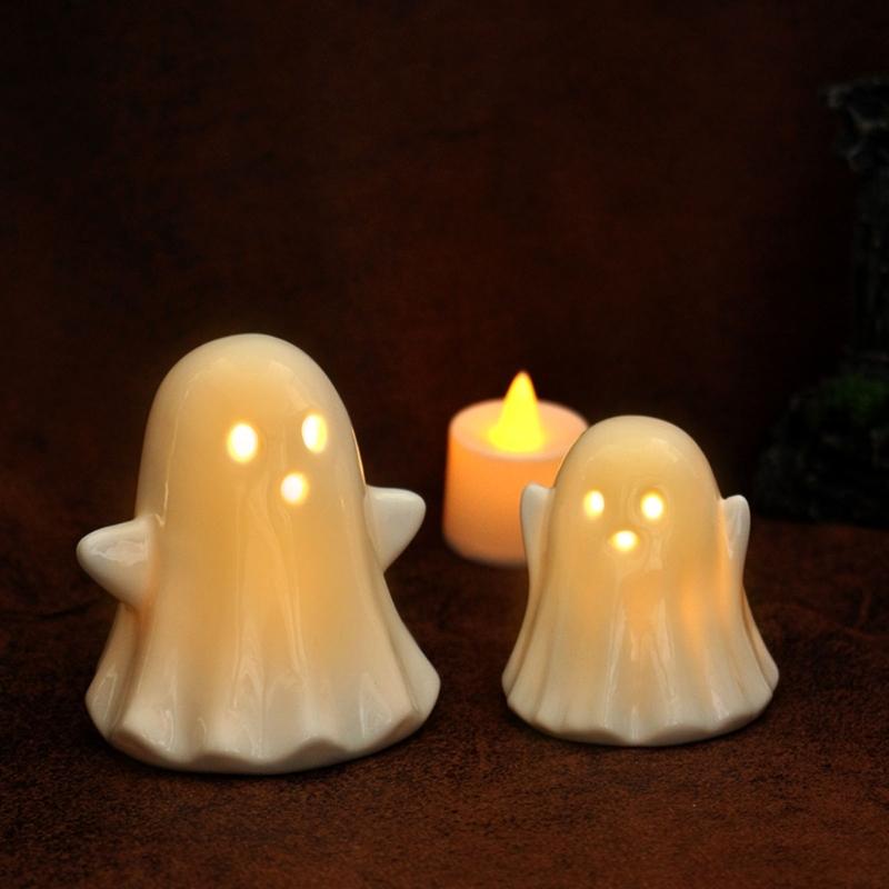 2Pcs Halloween Ceramic Ghostly Figurines With Soft Glows Night Light Handcrafted Holiday Decoration for Bedroom Party Decoration Collectibles
