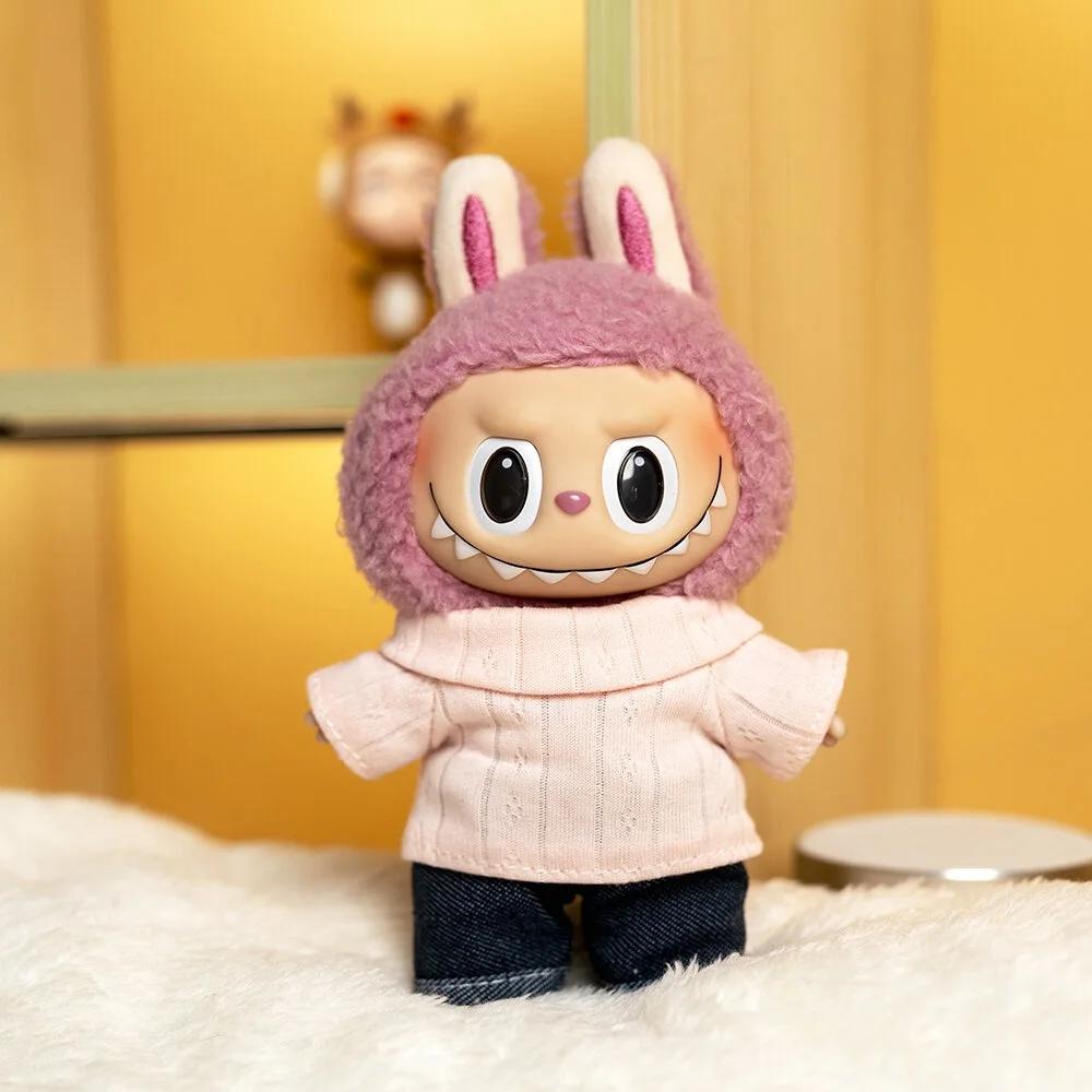 17cm Cute Mini Plush Doll's Clothes Outfit Accessories For Labubu Idol Dolls Lapel T-shirt And Jeans Two-piece Set DIY Girl Gift