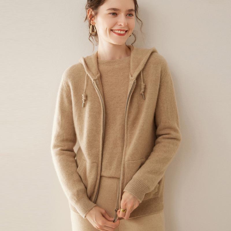 2024 A/W Women's Pure Cashmere Hooded Double Zipper Cardigan - Solid Color, Stylish & Warm.