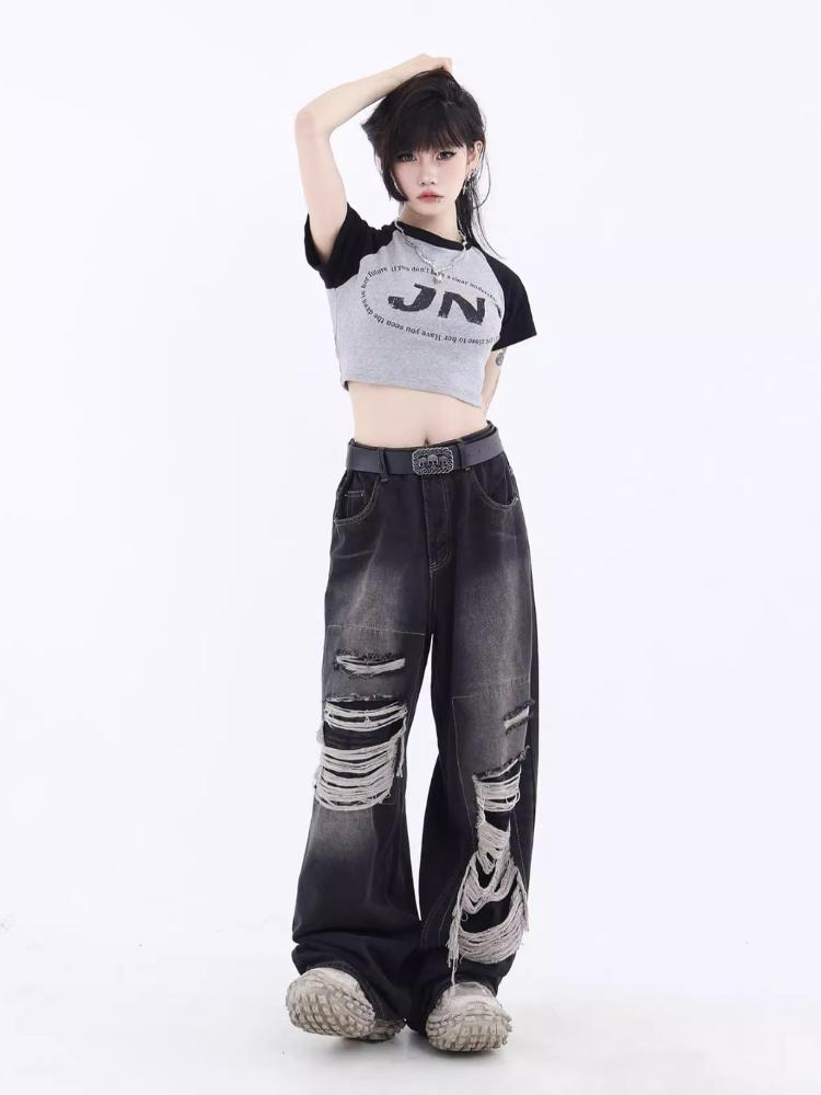 Gothic Black Jeans High Waist Vintage Women Korean Fashion Y2k Streetwear Ripped Pants Female Harajuku Casual Wide Leg Denim Trousers