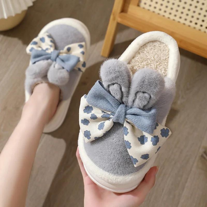 Women Winter Warm Indoor Bows Cotton Slippers Female Indoor Fluffy Cotton Shoes New Couple Plush Comfort Soft Sole House Slides
