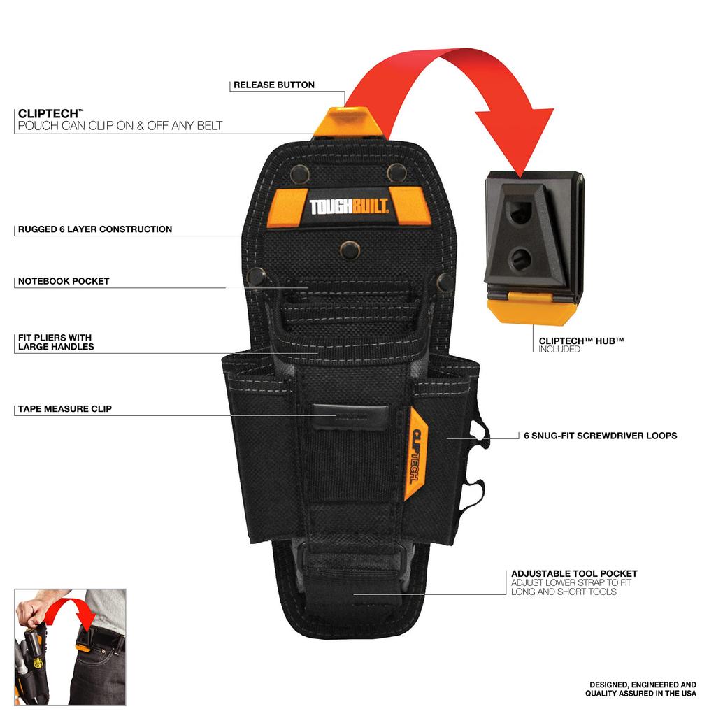 ToughBuilt - Technician's 7-Pocket Pouch - Large - ClipTech™ Pouch with Clip/Insert, 4 Perfect Fit Screwdriver Loops, 12 Pockets/Loops, Measuring Tape