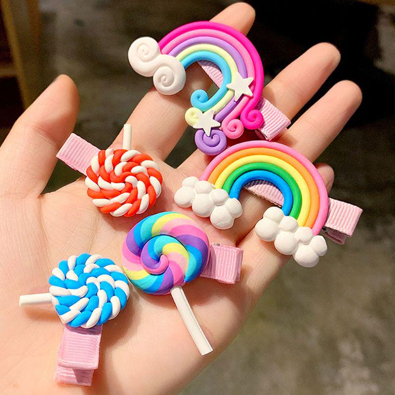 Cute Colorful Polymer Clay Children Headwear Rainbow Cloud Lollipop Hairpins
