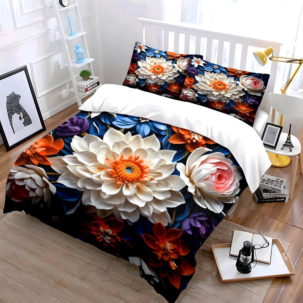 Vibrante Tema Floreale Colorato 3D, Varie Misure, Set Biancheria da Letto Raffinato 3 Pezzi per Camera da Letto di Bambini e Adulti, Regalo