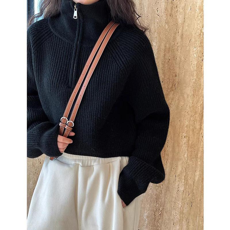 Women's Korean Style Stand Collar Half-Zip Thick Knit Sweater for Autumn/Winter
