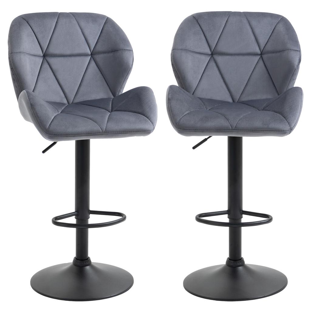 Set of 2 Bar Stools with Adjustable Height Metal Base Velvet Seat, High Swivel Kitchen Stools with Backrest and Footrest, 51.5x57.5x93-114.5cm, Grey
