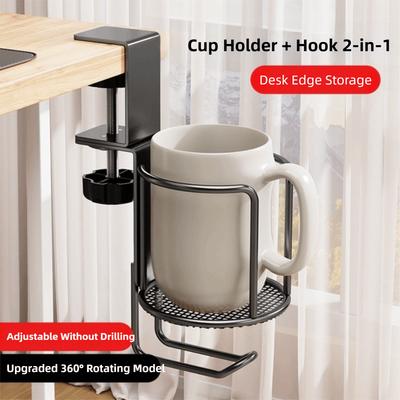 Porta-copos de Mesa 2 em 1 Anti-Derramamento Rotação 360° Clipe Gancho de Mesa para Copo À Prova d'Água À Prova de Ferrugem Porta-copos de Mesa Giratório Uso em Escritório