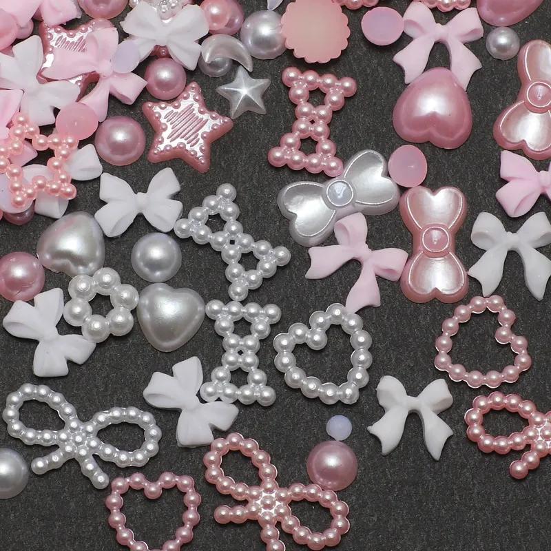 1 Box Nail Accessories 3d Nail Charm Resin Love Bow Pentagram Nail Accessories Mixed Pink White Resin Hollow Pearl for Manicure