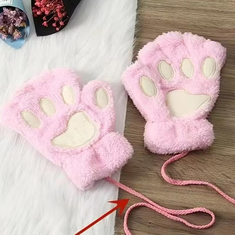 Mănuși cu gheare de pisică cu labe de desene animate pentru femei, mănuși de pluș, calde, moale, de pluș, scurte, fără degete, pufos, urs, pisici, costum, jumătate de deget