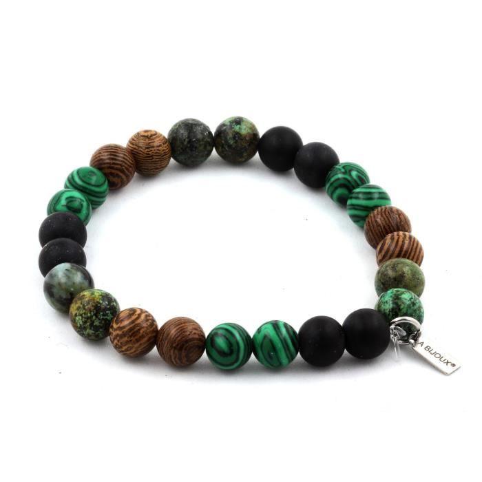 Pierres et Minéraux. Bracelet Perles Turquoise Africaine + Malachite + Onyx noir mat + bois Fabriqué en France.