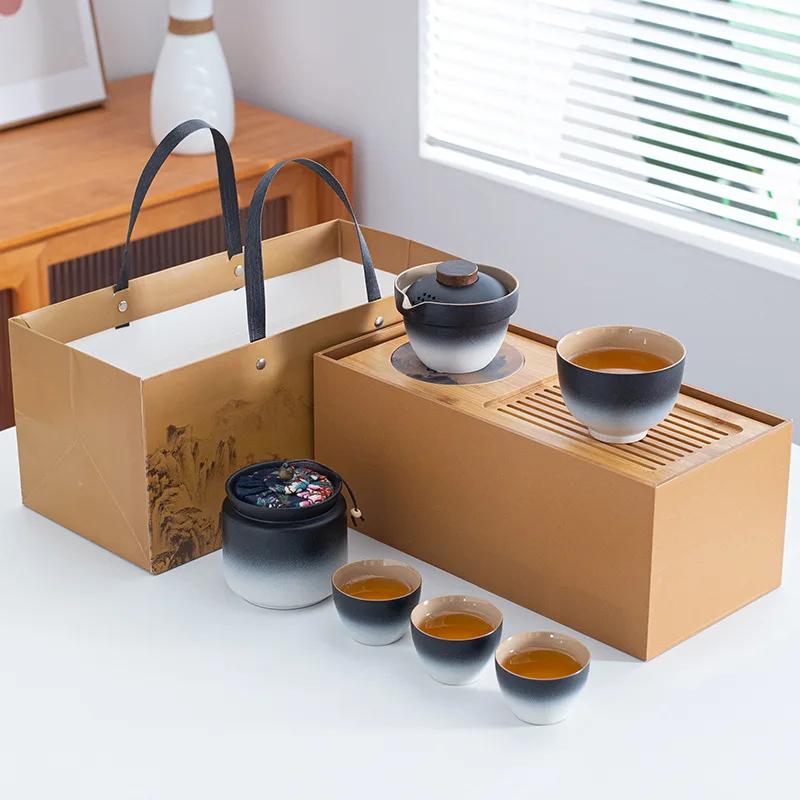 Travel tea set Kuaike cup, one pot, three cups, portable cover bowl, small set, outdoor kung fu set, tea advertising gifts
