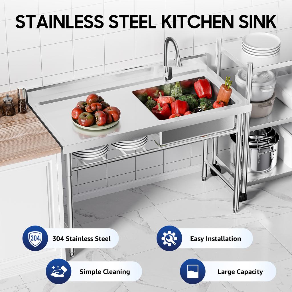 1 Grid Commercial Kitchen Sink,Free Standing Extra Thick Left Platform Right Basin,200kg Load Capacity for Restaurant & Home Use