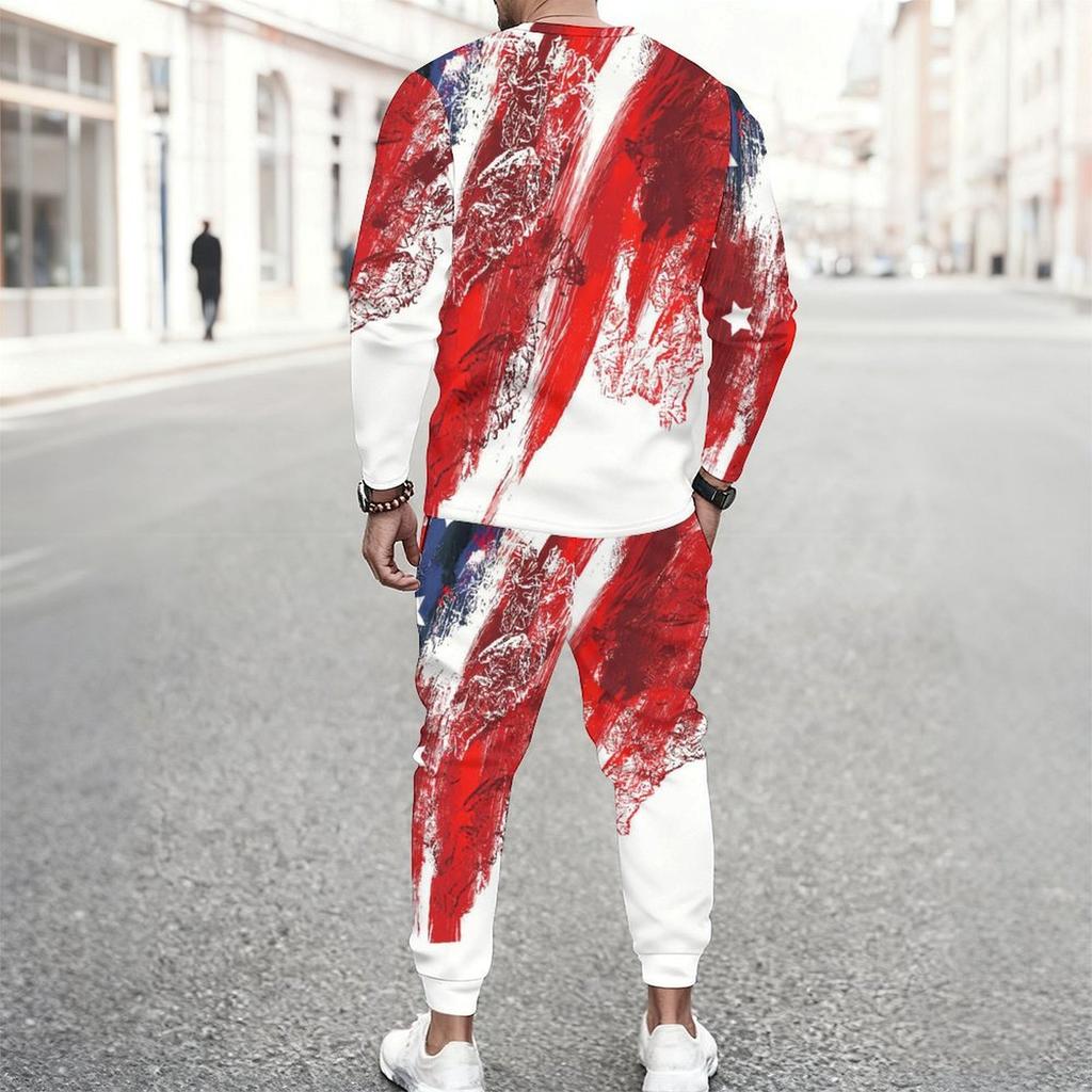 Men Torn Ripped Effect American Flag Star Print Long Sleeve Sweatshirt And Jogger Pants Two Piece Outfit