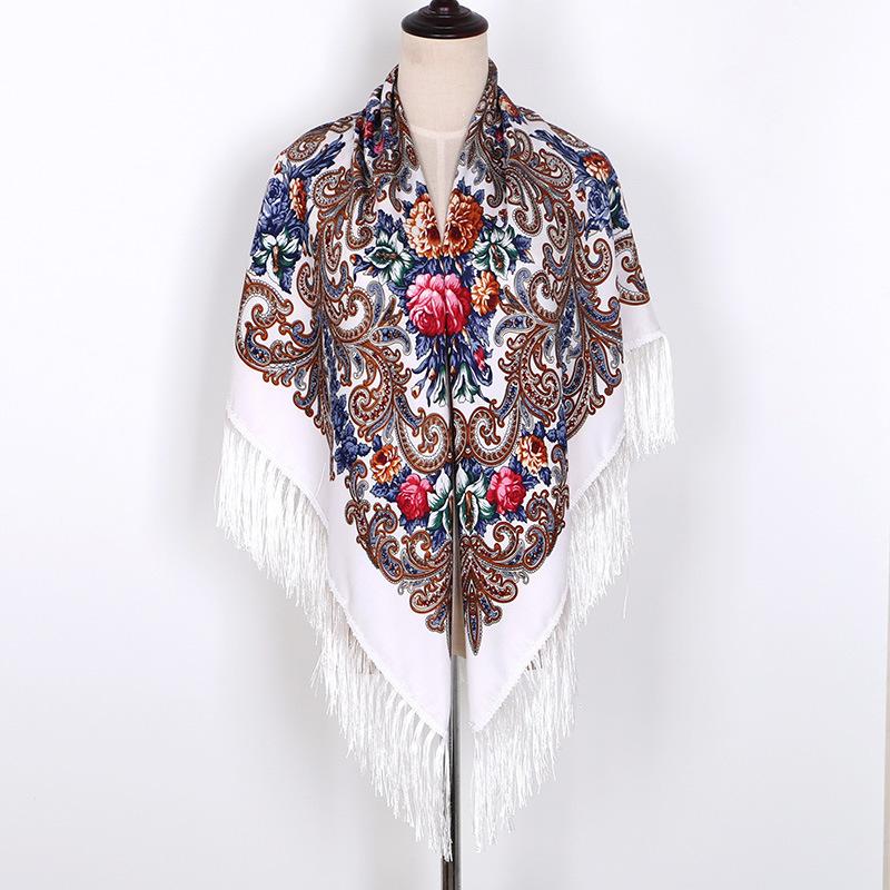 130*130cm Russian National Scarf Women Luxury Floral Bandana Fringed Ukrainian Shawl Big Size Handkerchief Babushka Head Wraps