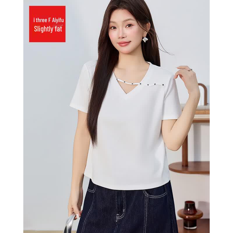 IEF Plus Size 2026 Summer Korean V-Neck Short Sleeve Top M
