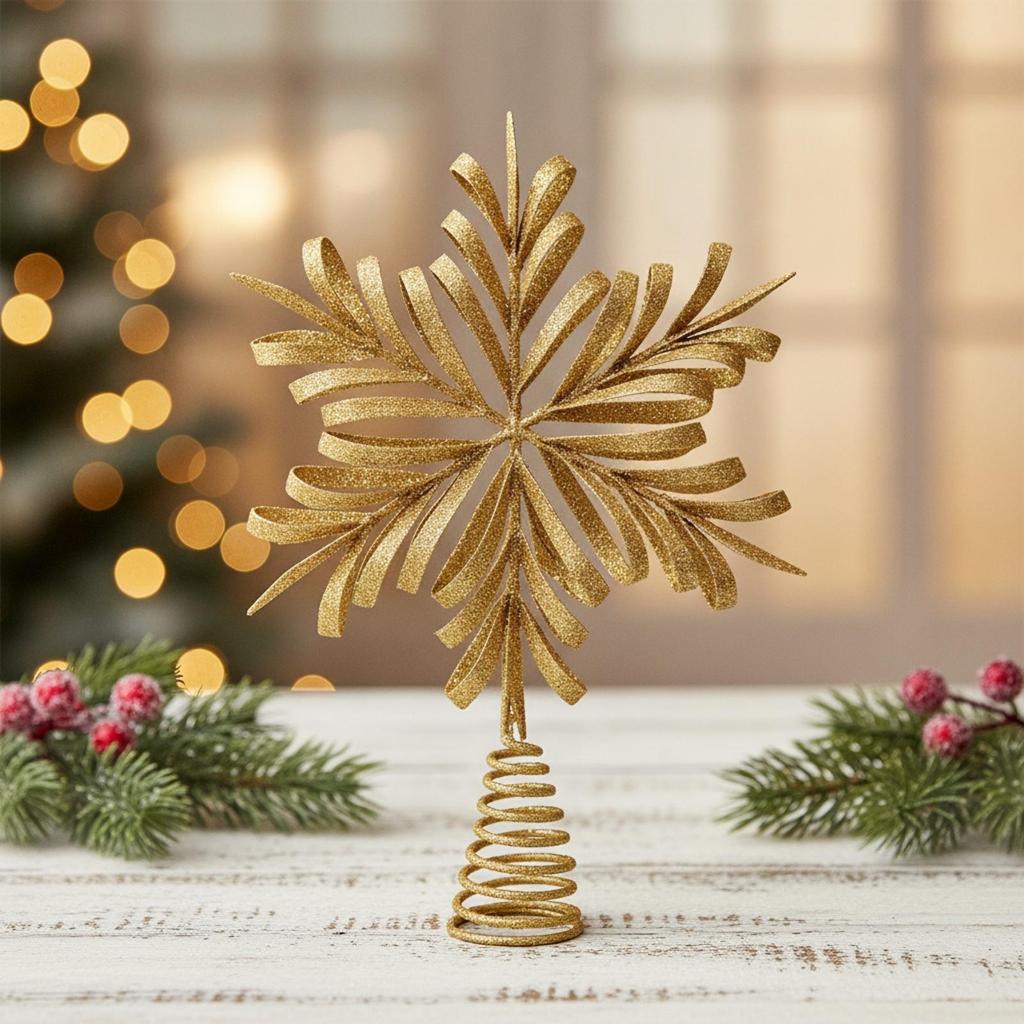 Christmas Tree Top Finial | Glittery Openwork Design, Gold-Toned, Ornament, for