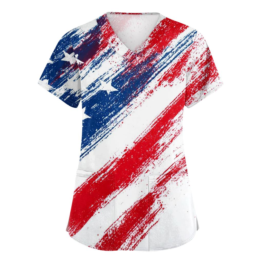 Damen V-Ausschnitt Unabhängigkeitstag Aufdruck Kurzarm Tasche Seitenöffnung Schutzkleidung Arbeitshemd