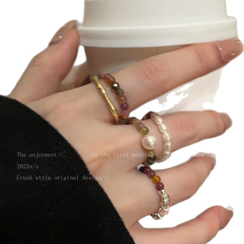 Tourmaline Pearl Natural Stone Ring for Women, Light Luxury Layered Wear, Niche Design, Index Finger Ring, High-End Beaded Accessory Ring