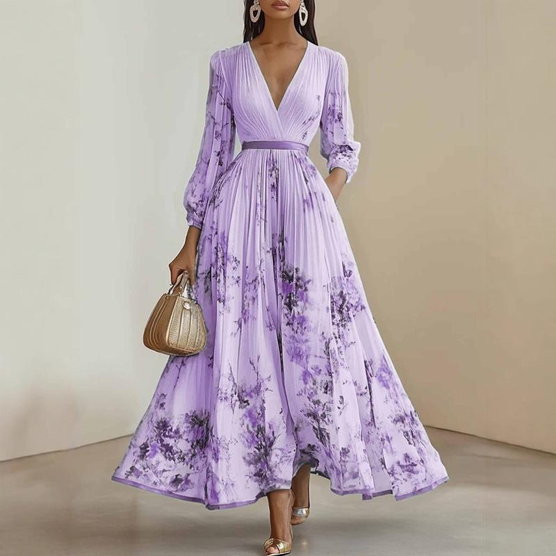 Spring 2026 Women's V-Neck Elegant Solid Pleated Dress - European & American Style