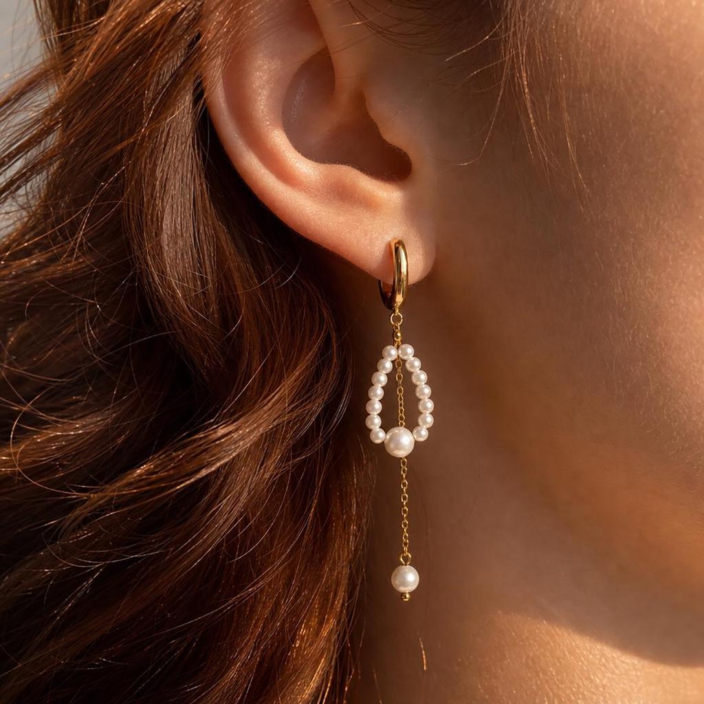 European Baroque Freshwater Pearl Tassel Hoop Earrings, Stainless Steel Gold-Plated, Face-Slimming Ear Jewelry for Women