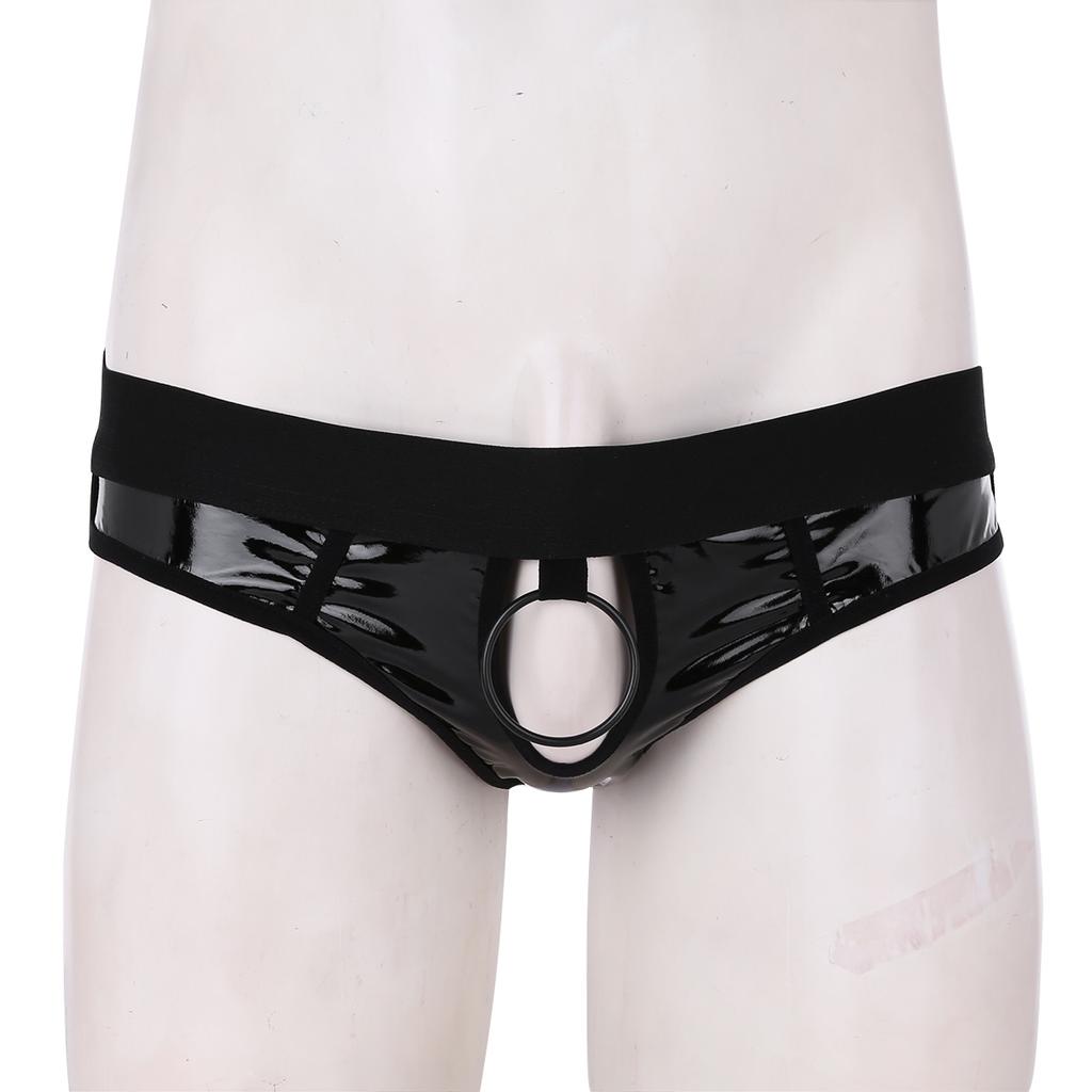 Men's Shiny Faux Leather Open Back Hollow Out Jockstrap Bikini Briefs with Metal O-Rings