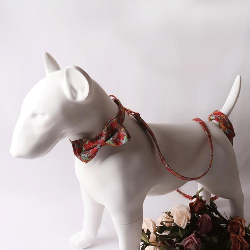 Fashion Dog Collar+Leash+Necktie Set Completes with Colorful Floral Print Bow Perfect for Pets Outstanding in the Crowd