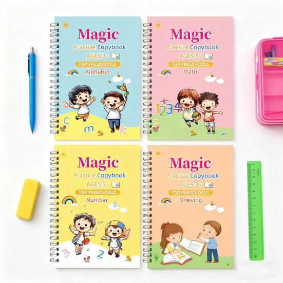 4Pcs Writing Exercise Book for Children Ages 45726 Handwriting Workbook Kit with Letters Numbers Math Paintings Groove Practice