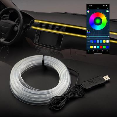 1/2/3/4/5M Tira de Luz LED RGB para Interior de Coche Luz Ambiental de Neón Invisible Lámpara de Atmósfera de Fibra Óptica USB Soporte Control por APP