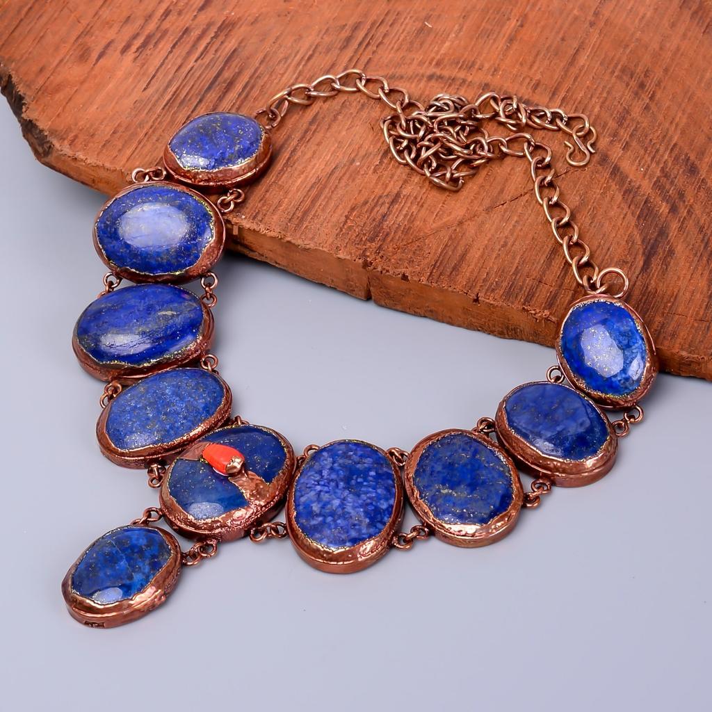Oval Natural Lapis Lazuli Copper Unique Electroformed New Chain Necklace Jewelry V-82