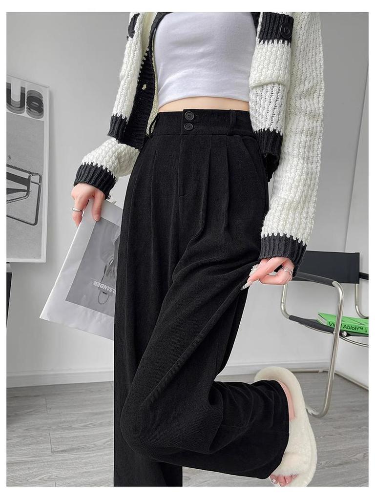 Women's Petite Dark Gray Corduroy Wide-Leg Suit Pants with Fleece Lining for Autumn/Winter