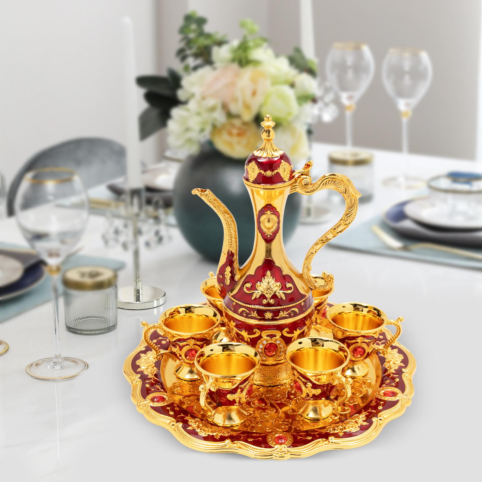 

Винтажный металлический набор для турецкого кофе Турецкий чайный сервиз с 6 роскошными кофейными чашками + Поднос + Чайник Домашний декор Сплав цинка Six-piece Set