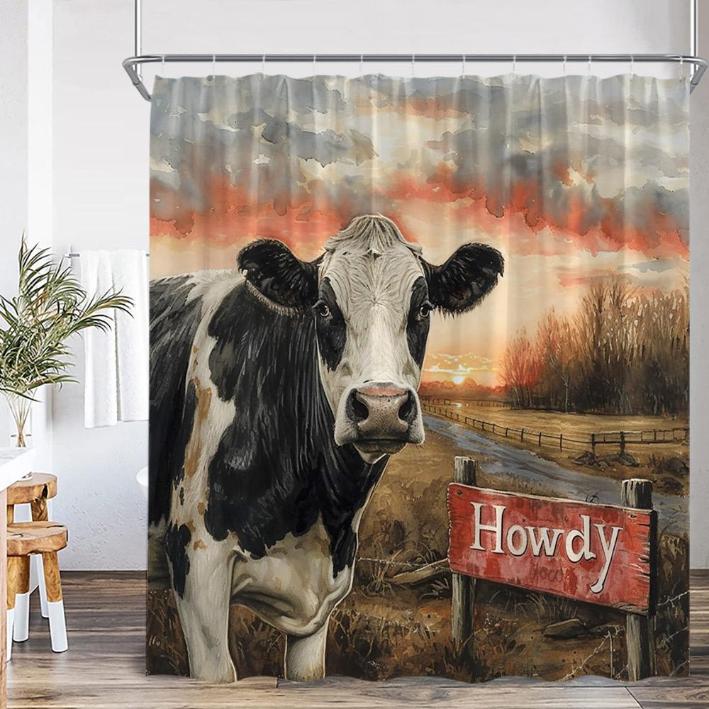 

Highland Cow Farmhouse Shower Curtain Funny Farm Animal Flower Wooden Plank Bathroom Decor Vintage Polyester Fabric Bath Curtain W60H190(CM)-1 Pcs