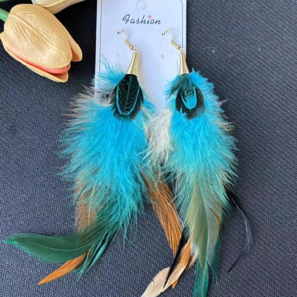 Boho Long Tassel Feather Earrings Hanging Peacock Tassel Earrings Bride