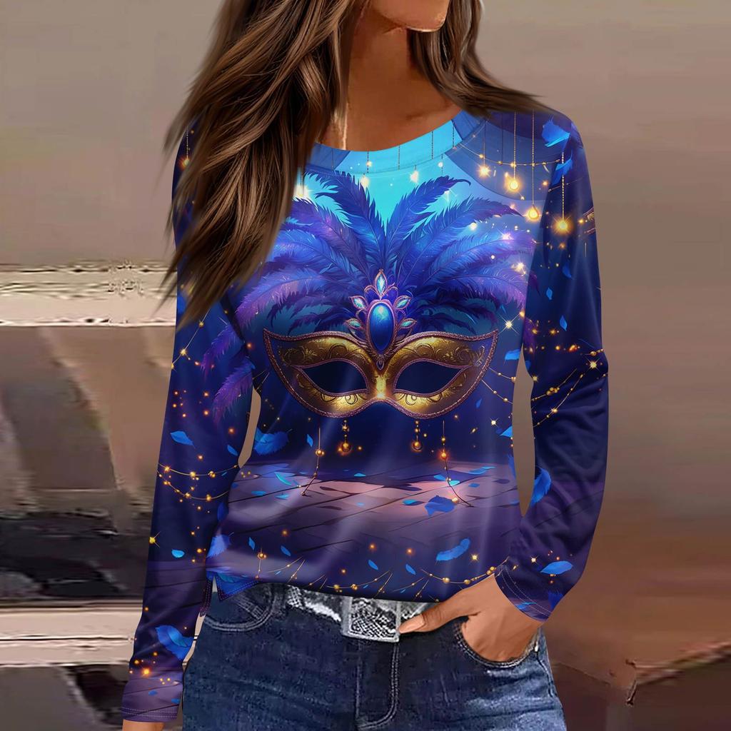 Women's Fashionable Casual Neck Long Sleeve Hem Split Carnival Print T-Shirt Top