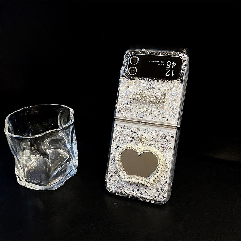Transparent Phone Case for Samsung ZFold6 Foldable Screen, ZFlip5 Flip Style Galaxy Heart-shaped Cat Claw Mirror