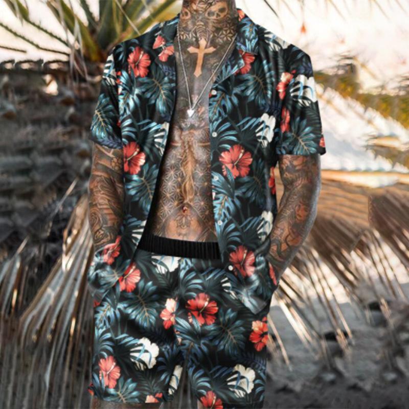 Modisches Sommer Herren Hawaiianischer Druck Lässig Streetwear Knopf Kurzarm und Badeshorts Zweiteiliges Set