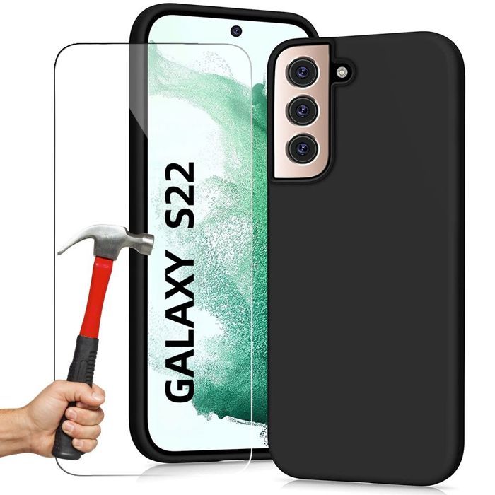 Coque de Protection - BOOLING - pour Samsung Galaxy S22 - Silicone Liquide - Noir + 2 Verrs Trempés