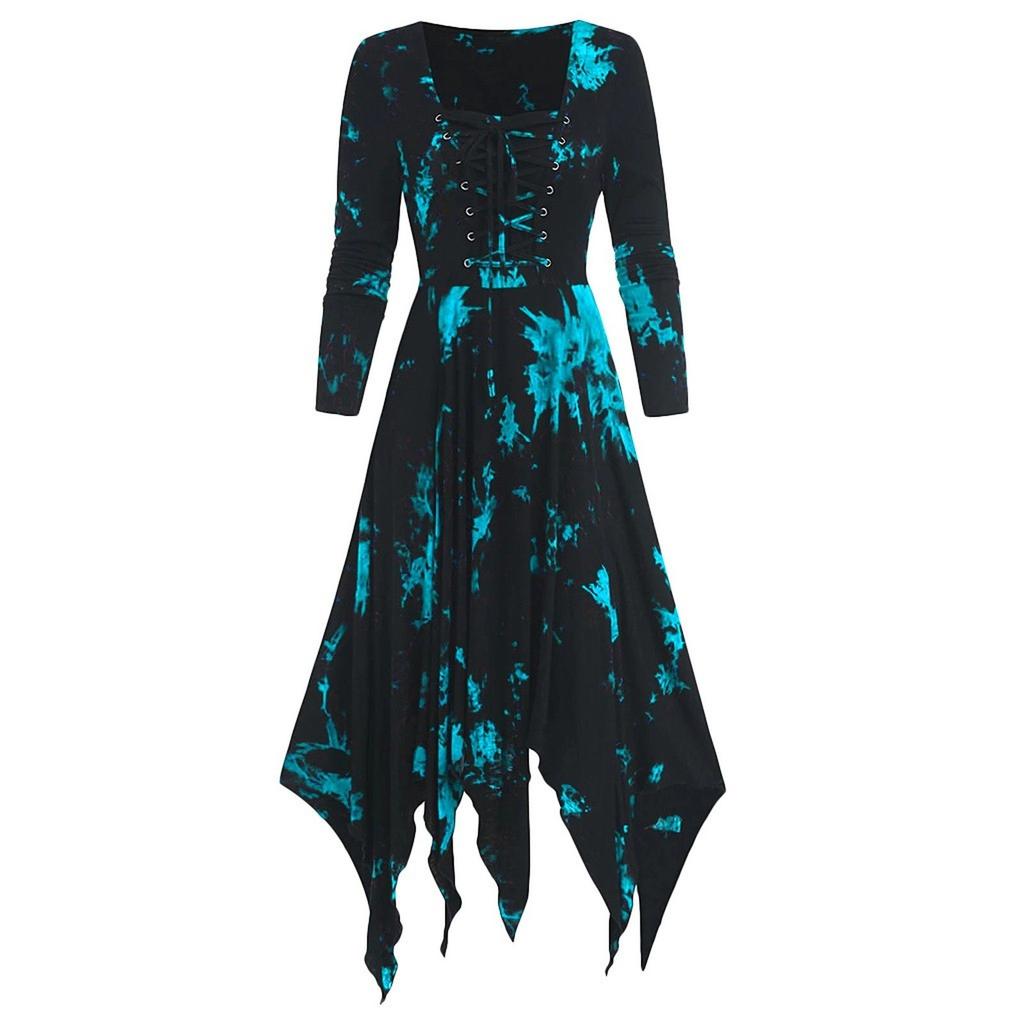 Women's Gothic Long Sleeve Lace Up Dress, Irregular Hem Medieval Witch Costume, Black Halloween Party Outfit