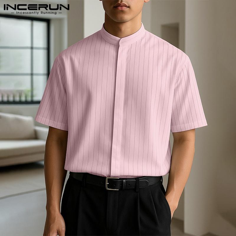 INCERUN Men Collarless Short Sleeve Striped Print Casual Office Shirts Tops