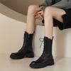 Fashion Round Toe Platform with Laces Leather Mid Calf Shoes Woman Autumn Winter Fleece-Lined Gothic New In Half High Boots for Women