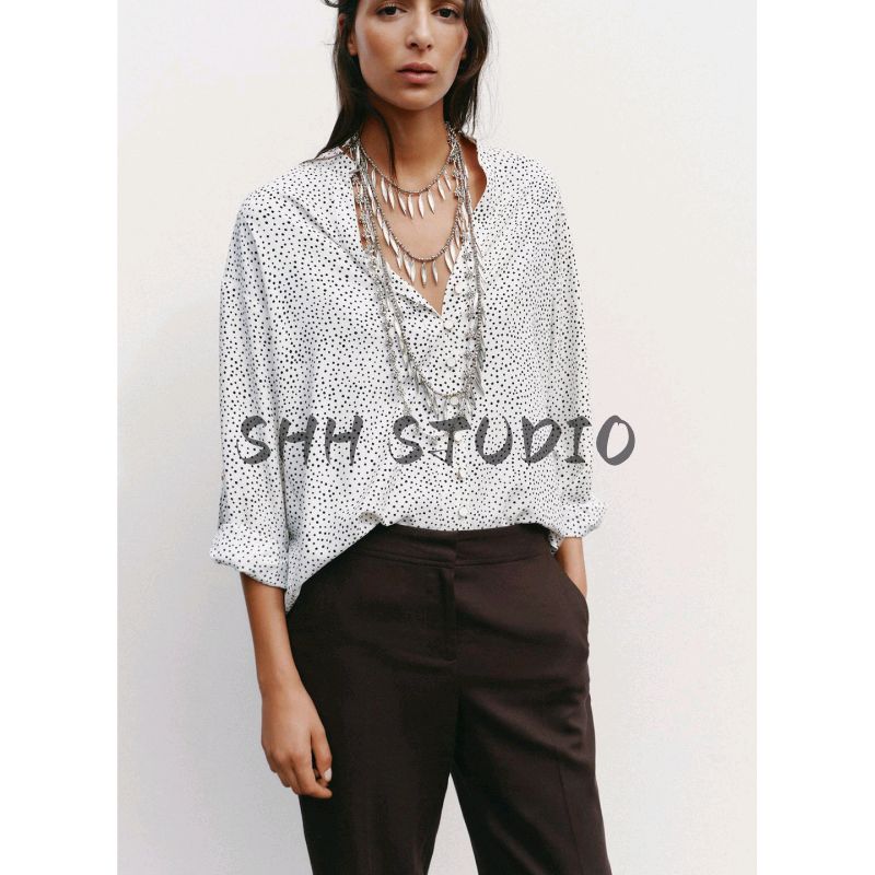 Autumn New Product Women clothes Casual Style Button Decoration V-neck Can Be Rolled up Sleeve Polka Dot Long sleeve Shirts 8038903