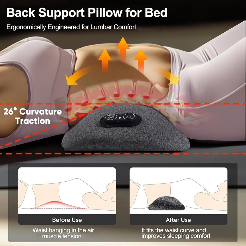 3 in 1 Back Massager, Electric Lumbar Support Pillow Heat Vibration Massage Lower Back Spine Decompression Device, Dark Gray
